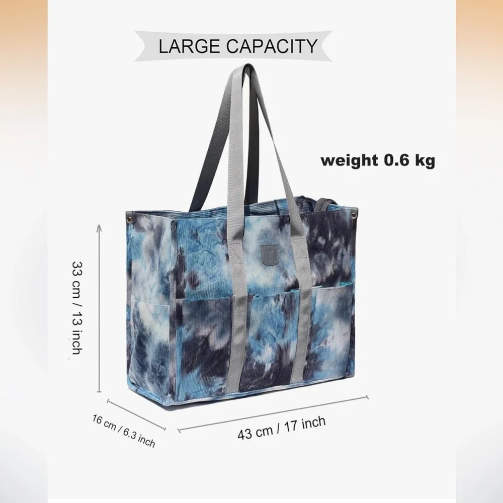 Corduroy Stylish Blue Tie-Dye Zipper Top Waterproof Sturdy Tote Bag - Picture 2 of 5